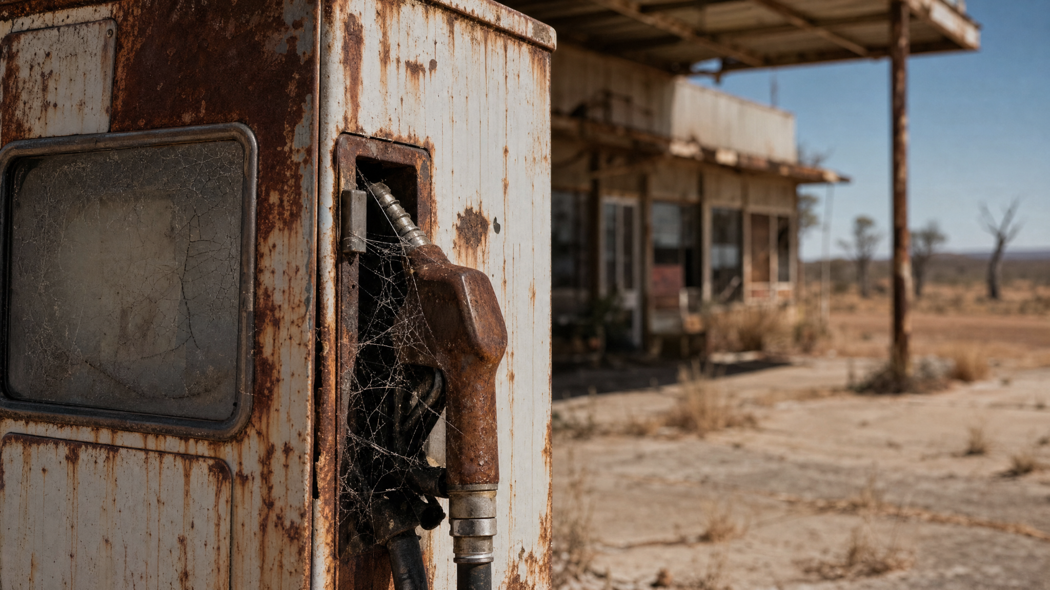 Abandoned rusting petrol bowser at an old service station