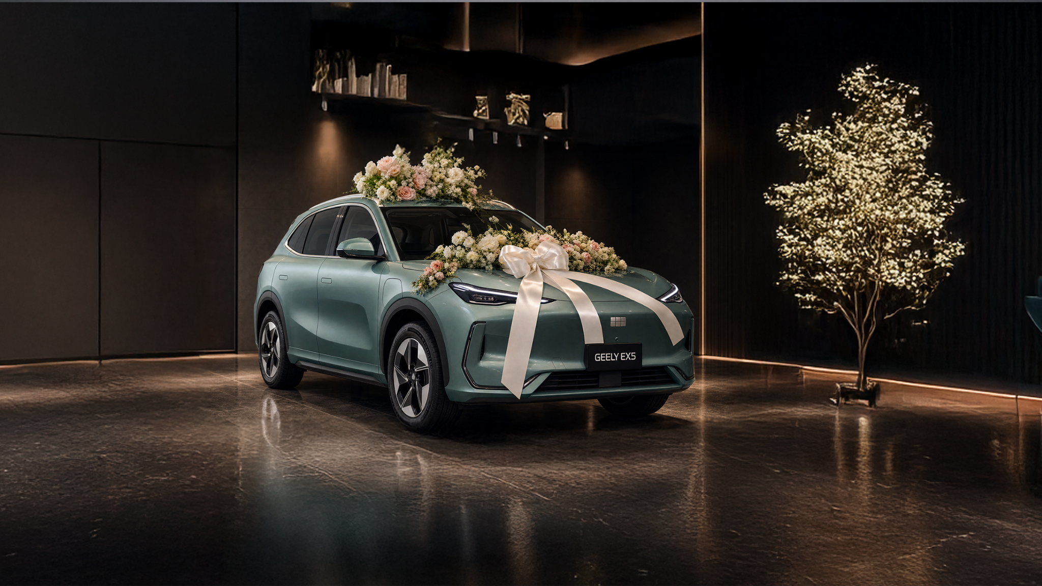 New electric car decorated for customer delivery